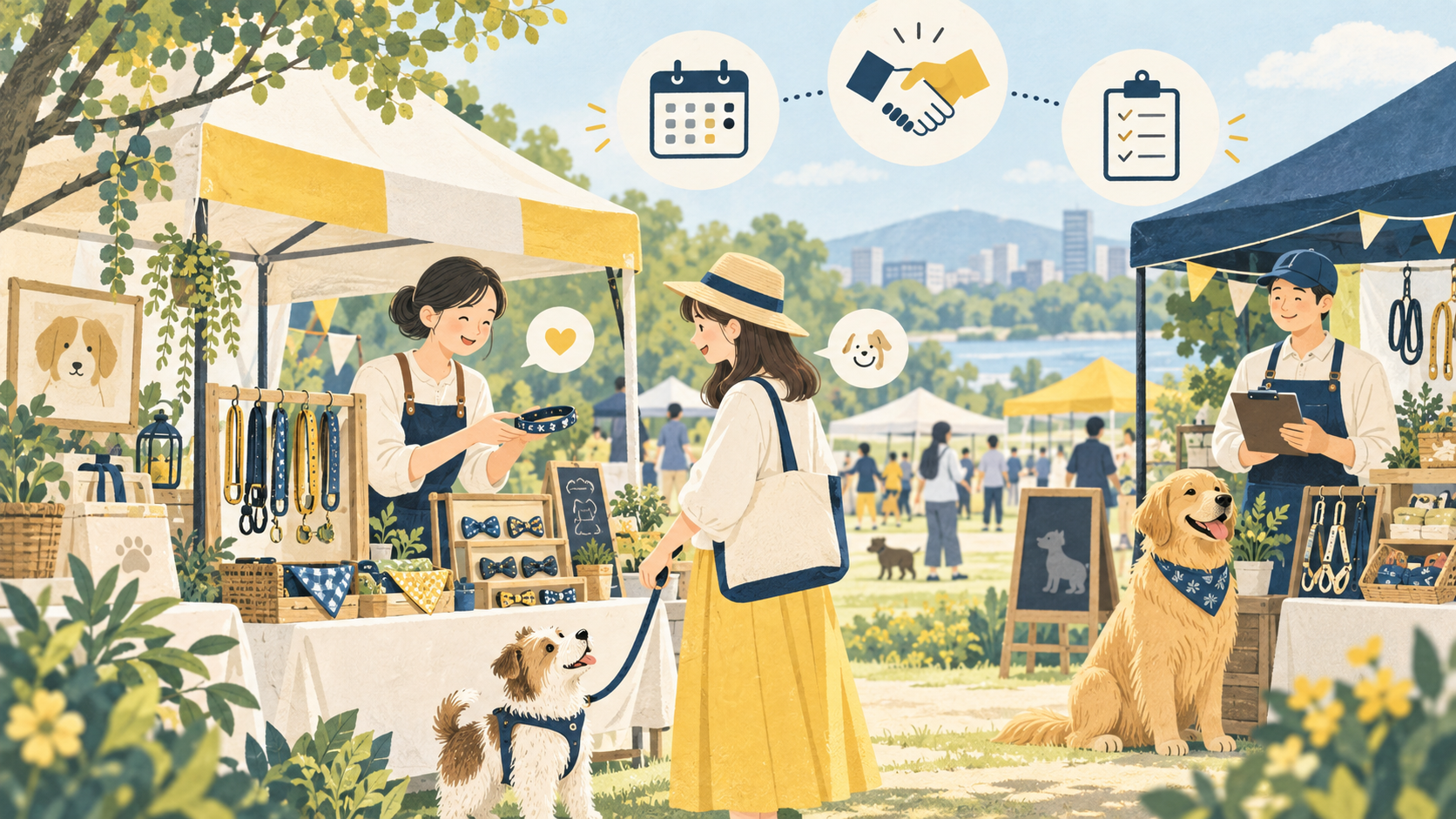 ペットイベントの出店者と来場者が、犬と一緒に交流するマルシェのイラスト
