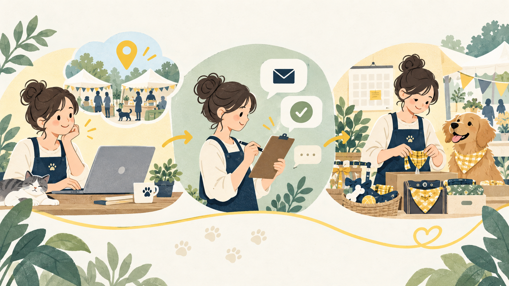 イベントを探し、応募・相談をして、出店準備を進める3つの場面のイラスト
